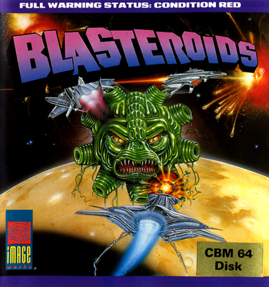 Blasteroids box art for Commodore 64